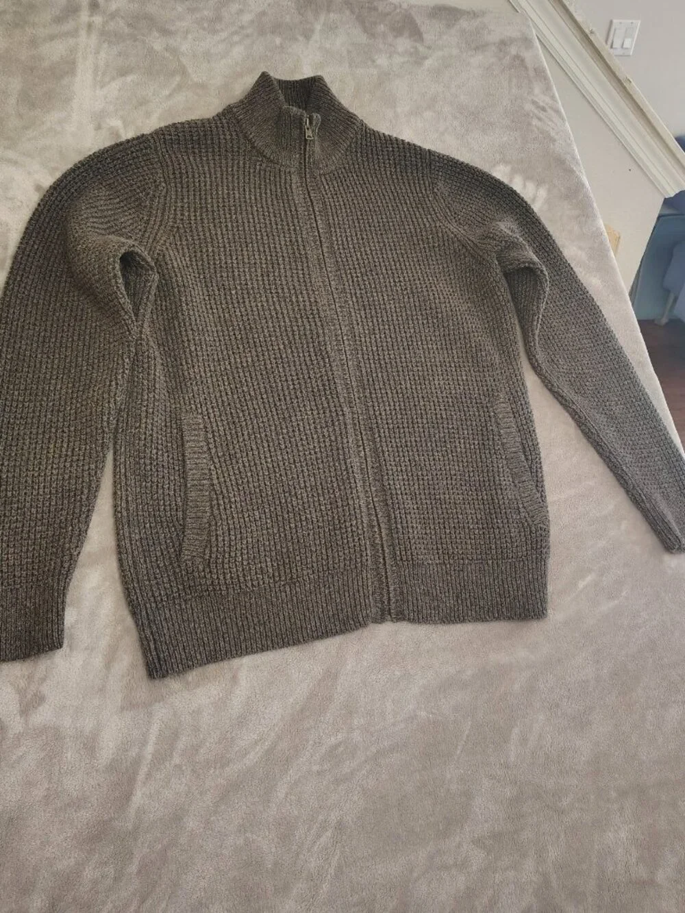 LL Bean Chunky Zip Cardigan Sweater Organic Cotton Fisherman Gray Brown Mens Med